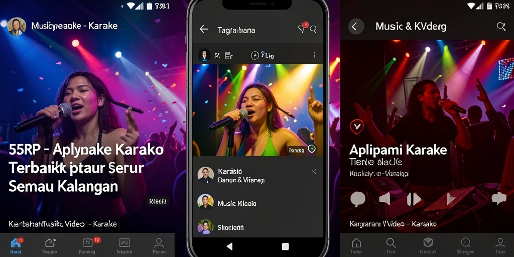 Tampilan antarmuka 55RP dengan efek visual karaoke yang menarik.