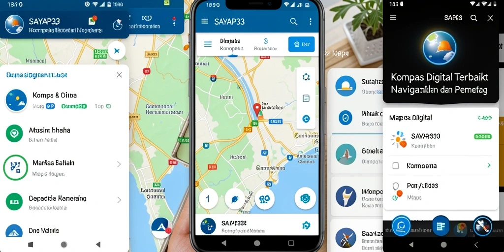Tampilan antarmuka utama SAYAP33 dengan fungsi kompas digital.
