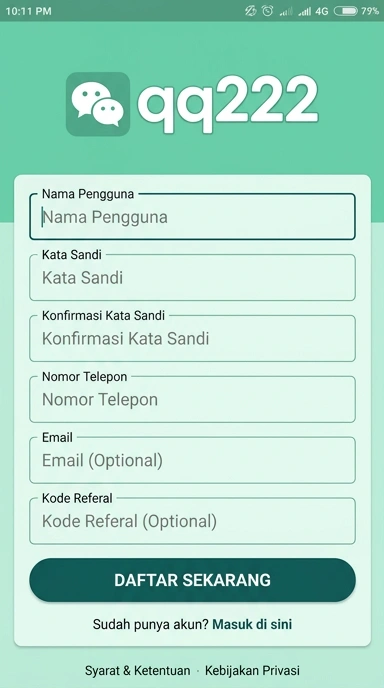 Tampilan halaman daftar qq222